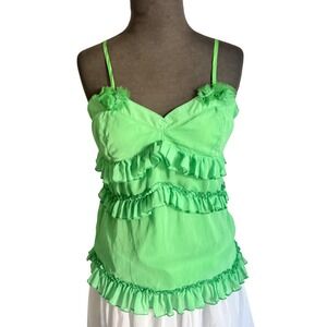 Zio Zio Green Ruffle Camisole Top Floral Appliqu Tiered Sleeveless Blouse Medium